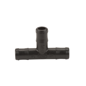 Black plastic 3/4-inch T-shaped barbed irrigation fitting for tubing connections.