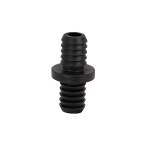 Black plastic double-barbed hose connector fitting with a center flange for secure tubing attachment.