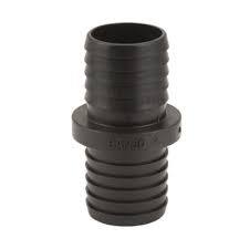 Black plastic HM150 hose barb adapter with a central flange and ribbed connectors for secure tubing attachment.