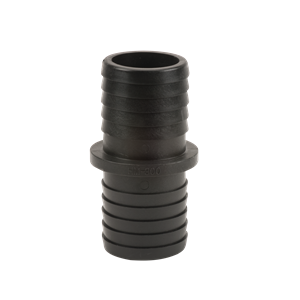 Black plastic HM300 barbed hose adapter fitting with a central flange and ribbed ends for secure tubing connection.