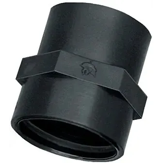 Black plastic J3412P pipe coupling with a central hexagonal grip and embossed Spartan helmet logo.