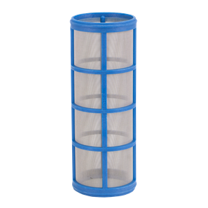 LS250 (B) cylindrical filter with a blue plastic frame and fine stainless steel mesh screen.