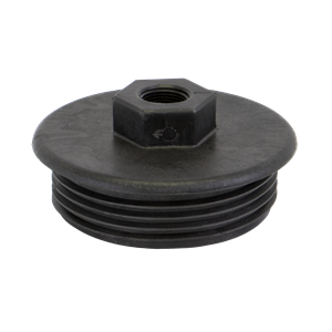 Black plastic LS300EC threaded plug with a central hexagonal nut fitting for secure installation.
