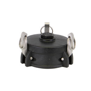Black LSQ200-C cam lever dust cap with stainless steel locking arms and pull rings for secure hose connection.