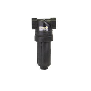 Banjo LST125-50 black plastic inline strainer with threaded ports for fluid filtration systems.