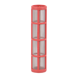 Cylindrical LST130 filter with a red plastic frame and fine stainless steel mesh screen.