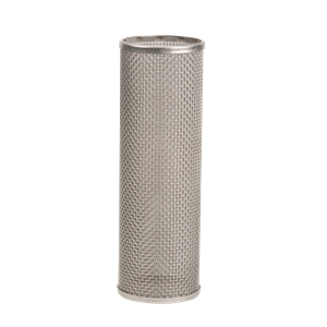Cylindrical stainless steel mesh filter basket with a fine woven texture and reinforced metal rims.