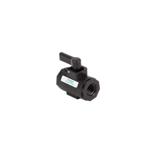 Black LV025V ball valve with a manual lever handle and threaded ports for industrial fluid control applications.
