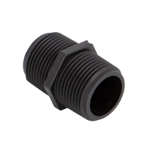 Black plastic M1000P (G) threaded pipe nipple fitting with a central hexagonal nut for easy installation.