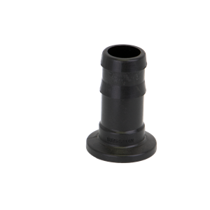 Black plastic barbed hose adapter fitting with a wide circular base and ribbed connector end.