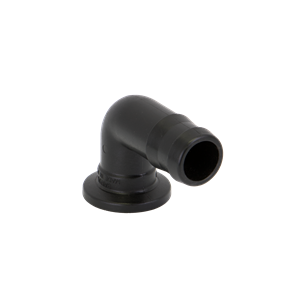 Black plastic 90-degree elbow fitting with a flanged base and barbed hose connection.