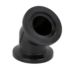 Black plastic 45-degree elbow pipe fitting with flanged ends for industrial plumbing connections.