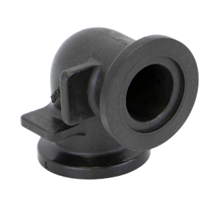 Black plastic M100CPG90 90-degree elbow pipe fitting with a flanged connection and integrated mounting tabs.
