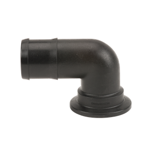 Black plastic 90-degree elbow pipe fitting with a flanged base and barbed connection end.
