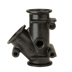 Black plastic M220YG45 industrial Y-shaped pipe fitting with multiple threaded ports and flanged ends.