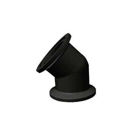 Black 45-degree flanged pipe elbow fitting with a smooth, durable industrial design for secure plumbing connections.