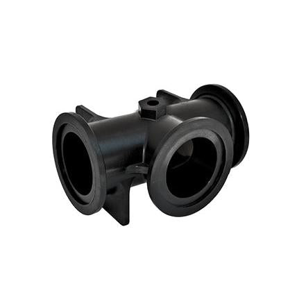 Black M300TEE plastic tee pipe fitting with three flanged ends and a central mounting point on a white background.