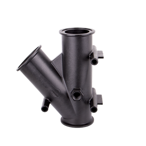 Black plastic M300YG45 Y-shaped pipe fitting with flanged ends and integrated mounting brackets.