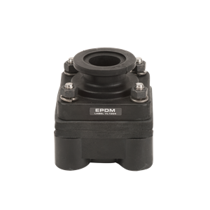 Black MBF100 EPDM diaphragm valve with a square base, flanged top, and four stainless steel mounting bolts.