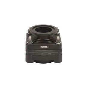 Black EPDM diaphragm valve MBF200 with a flanged connection and stainless steel bolts on a white background.