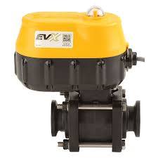 MEVX101 electric ball valve with a yellow top housing, black body, and integrated QR code on a white background.