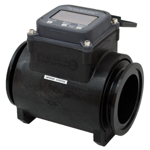 MFM300DC black plastic flow meter with a digital display, flanged ends, and a directional flow arrow indicator.