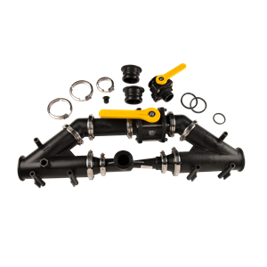 Black plastic manifold assembly with yellow ball valves, metal clamps, and rubber O-rings for industrial plumbing.