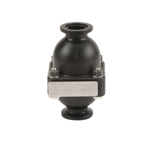 Black MPRV100-100 plastic pressure relief valve with a metal identification plate and bolted flange assembly.