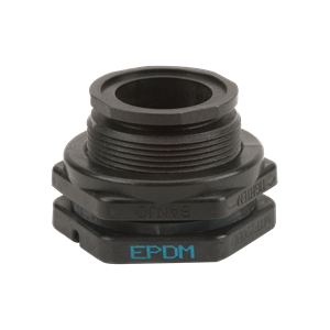 Black MTF220BD EPDM bulkhead fitting with threaded neck and hexagonal base for secure industrial plumbing connections.