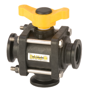 Banjo MV100BL black polypropylene three-way ball valve with a yellow handle and stainless steel hardware.