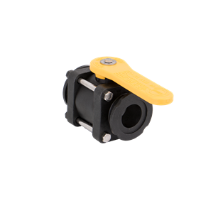 Black plastic MV220CF ball valve with a yellow lever handle and stainless steel bolts on a white background.