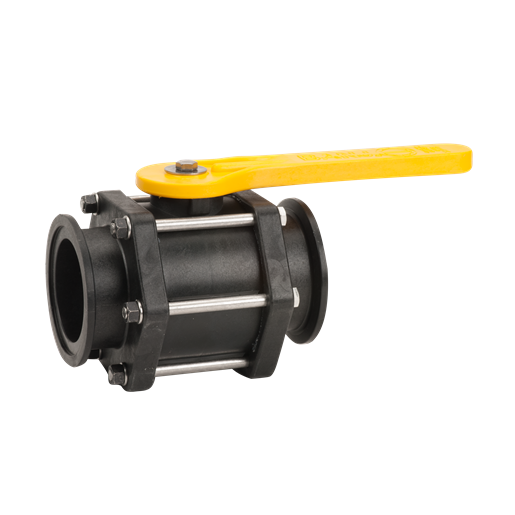 MV300 (G) black industrial ball valve with a bright yellow handle and stainless steel bolt assembly.