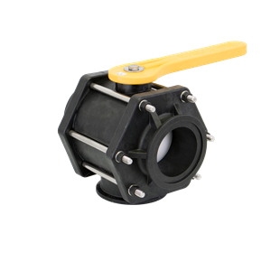 MV300BL black plastic ball valve with a yellow lever handle and reinforced metal bolt assembly.
