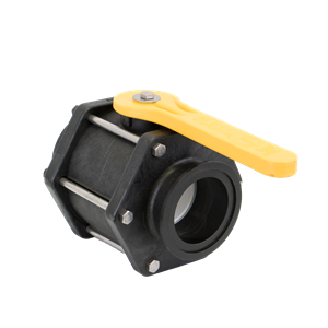 MV300CF black plastic ball valve with a bright yellow handle and stainless steel bolt hardware.