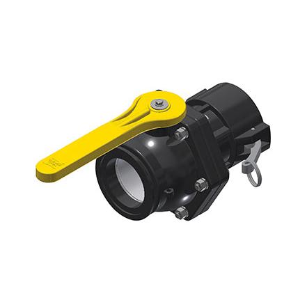 MVSD300FP black plastic ball valve with a bright yellow lever handle and stainless steel bolt assembly.