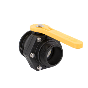 Black plastic MVSMT300 ball valve with a bright yellow handle and stainless steel bolt assembly.