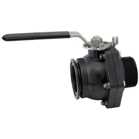 Black polypropylene ball valve with a stainless steel handle and threaded port connection for industrial fluid control.