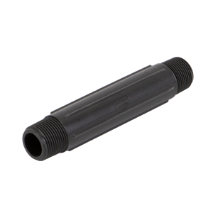 Black plastic pipe nipple with threaded ends and a textured cylindrical body for secure plumbing connections.