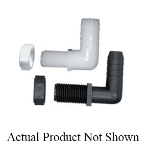 White and black plastic 90-degree elbow hose barb fittings with threaded ends and matching locking nuts.