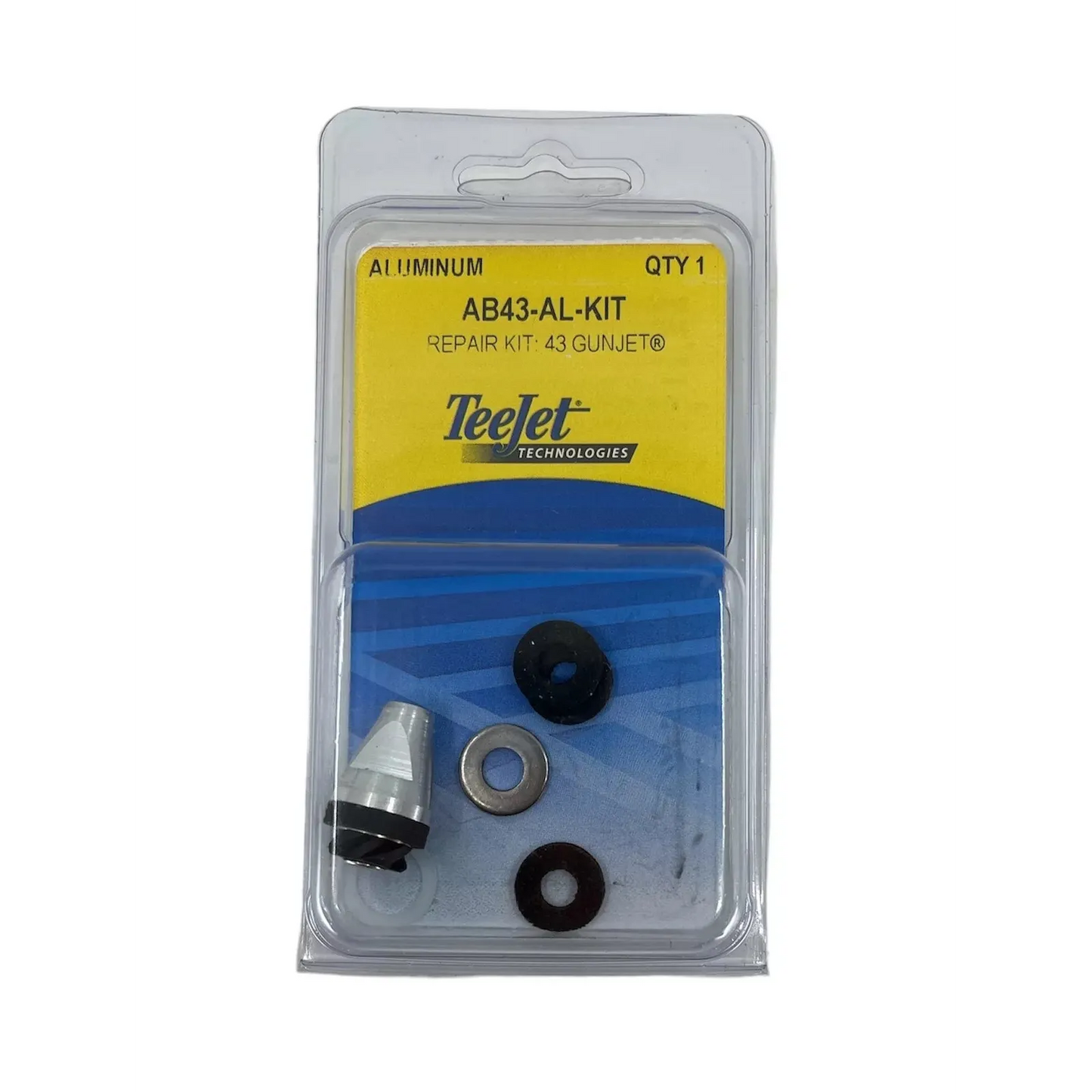TeeJet AB43-AL-KIT repair kit for 43 GunJet featuring an aluminum nozzle component, metal washer, and black rubber seals.
