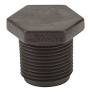 Black hexagonal plastic pipe plug with threaded exterior for secure sealing.