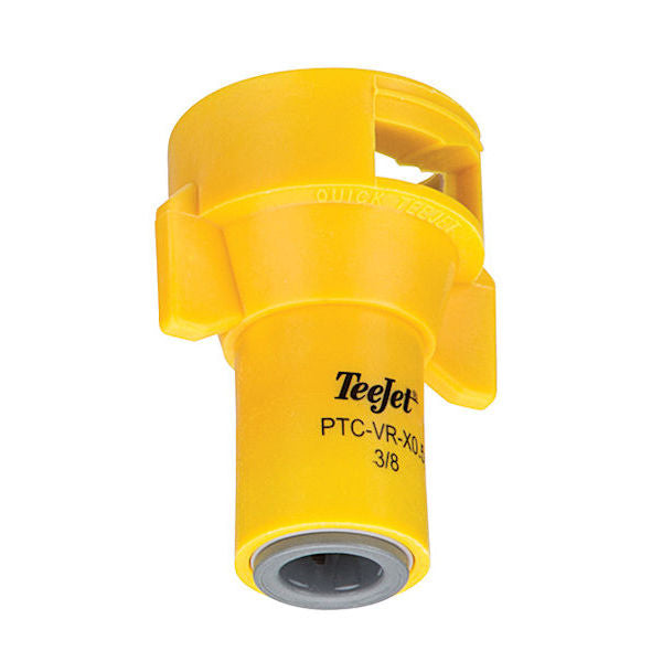 Yellow TeeJet PTC-VR-X0.5-3/8 plastic spray nozzle cap with a quick-connect design and grey internal fitting.
