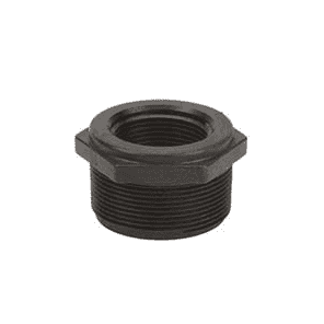 Black threaded pipe bushing with a hexagonal head, designed for secure industrial plumbing connections.