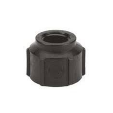 Black plastic RC150100 threaded pipe cap with a hexagonal exterior grip for secure installation.