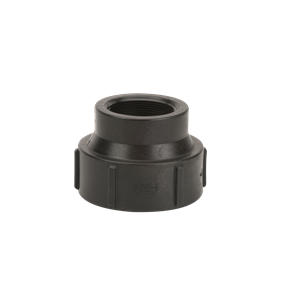 Black plastic RC300-200 (B) threaded pipe reducer fitting with a ribbed exterior design on a white background.