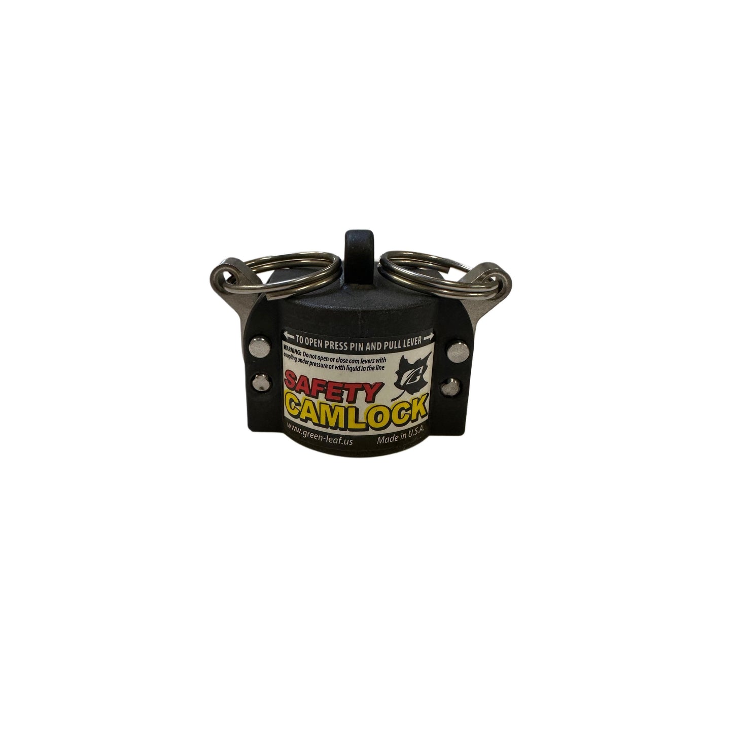 Black polypropylene 3/4 inch safety camlock dust cap with locking levers and metal pull rings on a white background.
