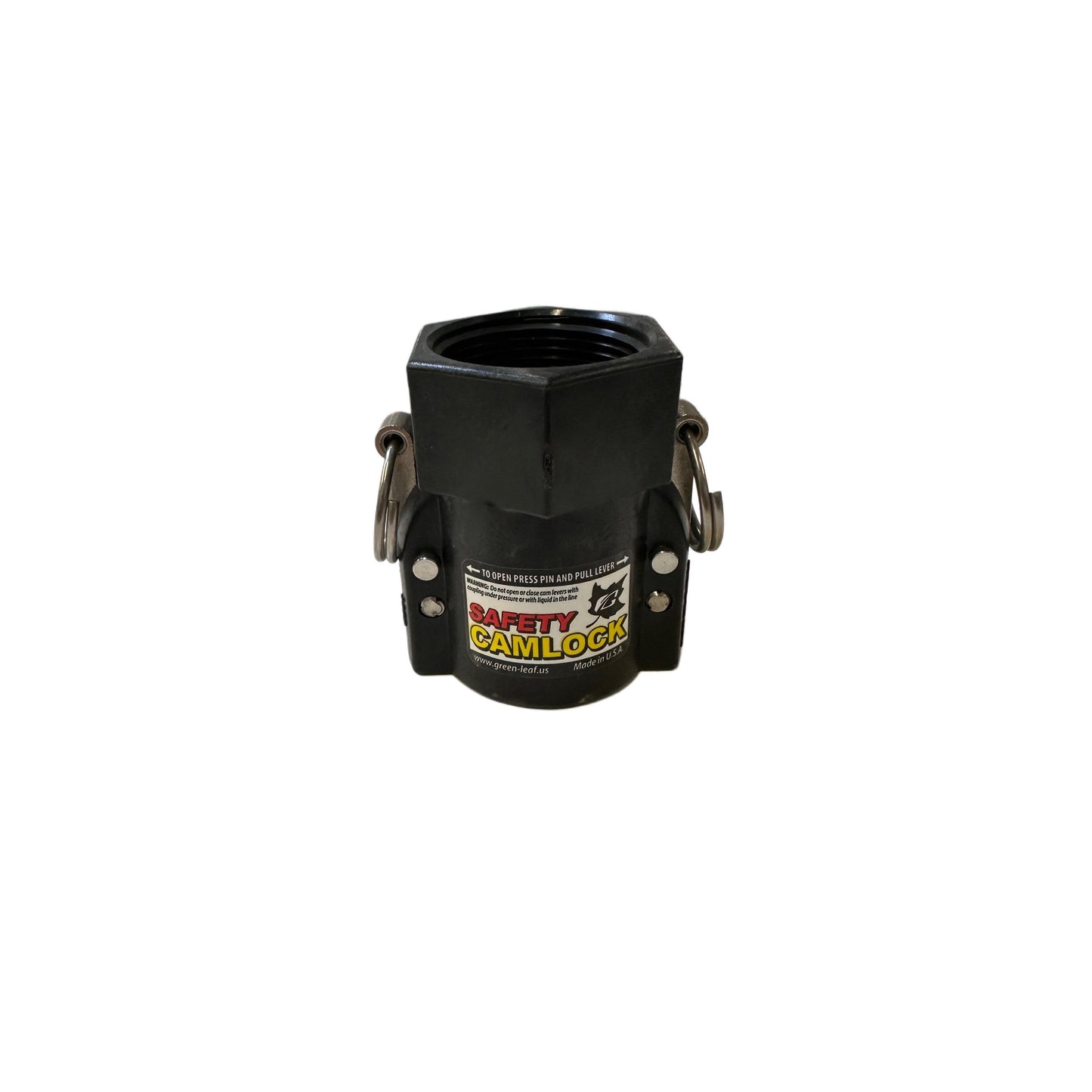 Black SAF125D Safety Camlock coupling with threaded opening, metal locking levers, and safety instruction label.