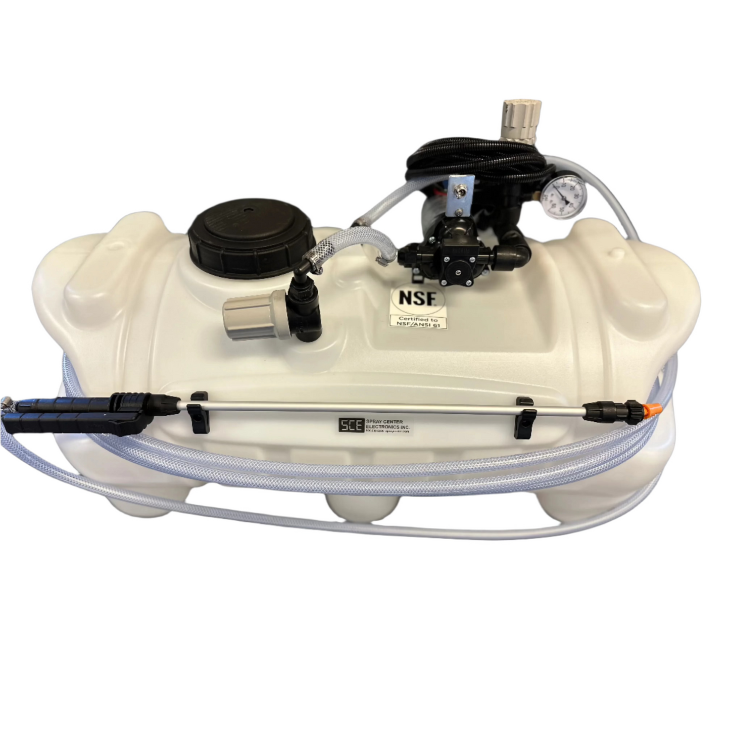 25-gallon white polyethylene ATV sprayer tank with 3GPM Shurflo pump, pressure gauge, and attached spray wand.