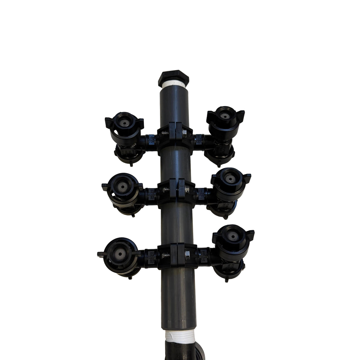 SCESideIce spray manifold with six black Raven valve nozzles mounted on a grey PVC pipe section.
