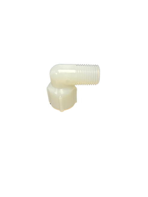 SE14 white plastic 90-degree elbow fitting with threaded male and female ends for plumbing connections.
